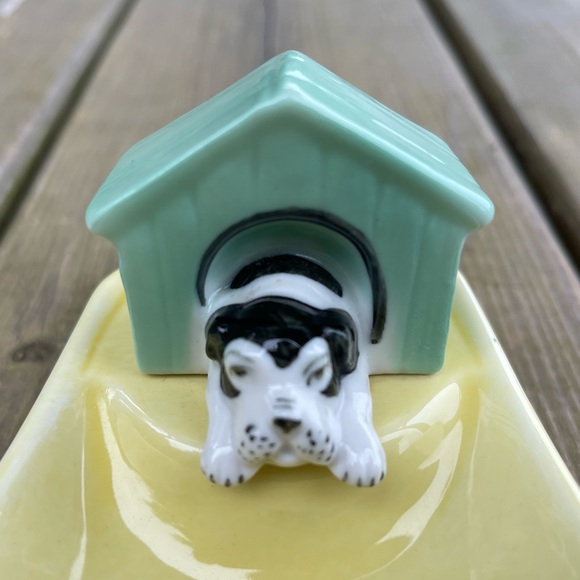 Dog in Green Doghouse Yellow Ceramic Trinket Dish - Picture 3 of 11